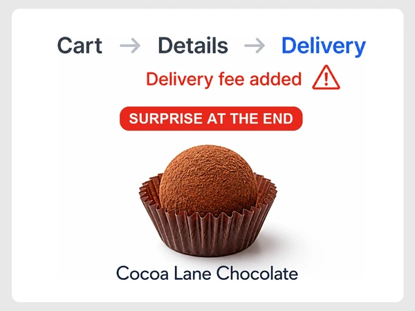 Cocoa Lane Chocolate checkout adds a delivery fee at the final Delivery step beside a warning triangle.