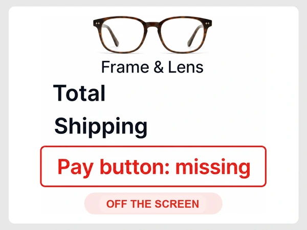Frame & Lens checkout lists Total and Shipping while the pay button is missing off the screen.