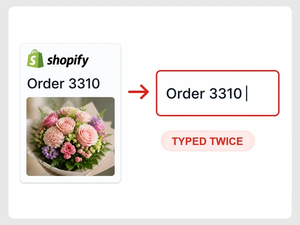Fern & Bloom shows Shopify order 3310 being typed again into an accounts screen.