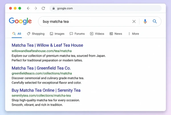 A Google results page where the top result is a tea house category page