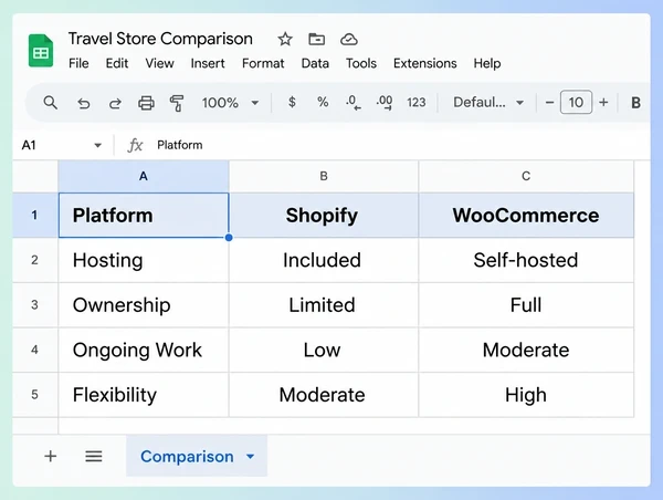 A Google Sheets comparison of Shopify and WooCommerce for a travel store