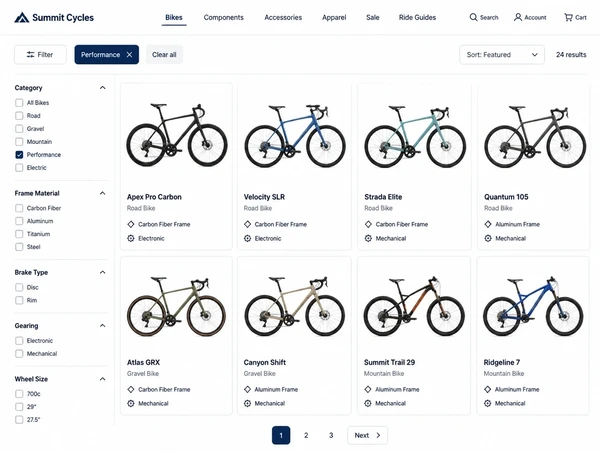 Online store category page for performance bicycles with filters and product cards