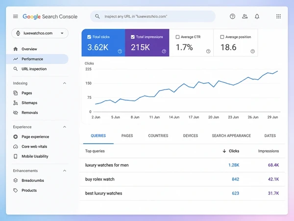A Search Console report for a luxury watches store with a rising chart and three shopping queries