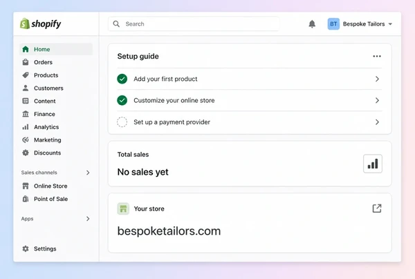 A Shopify admin home screen for a bespoke tailor store with some of its setup checklist ticked