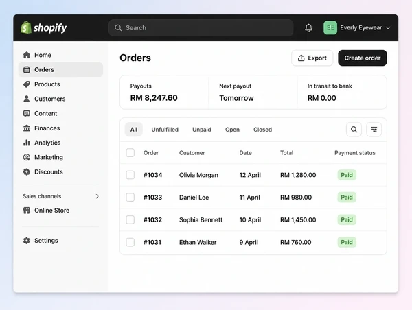 A Shopify orders screen for an eyewear brand store showing four paid orders and a payout summary