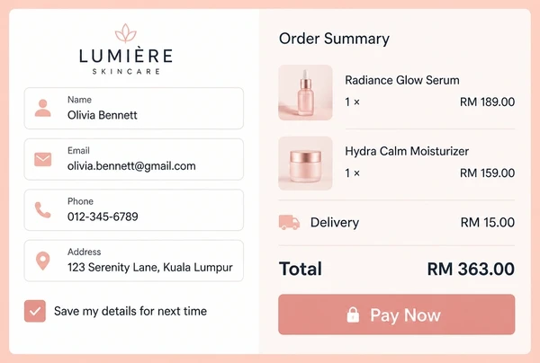 A skincare brand store checkout with a four field form and an order summary total