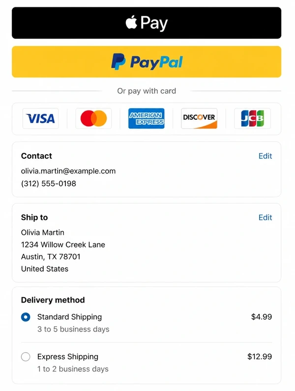 A skincare store checkout with express payment buttons, card marks and delivery options