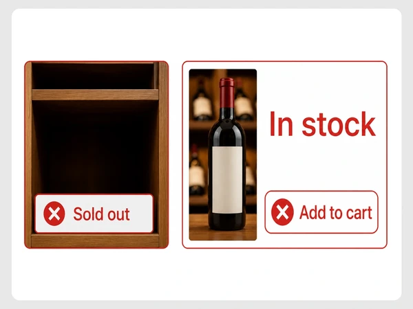 Cellar Row Wines shows an empty sold-out shelf while its website says In stock and accepts orders.