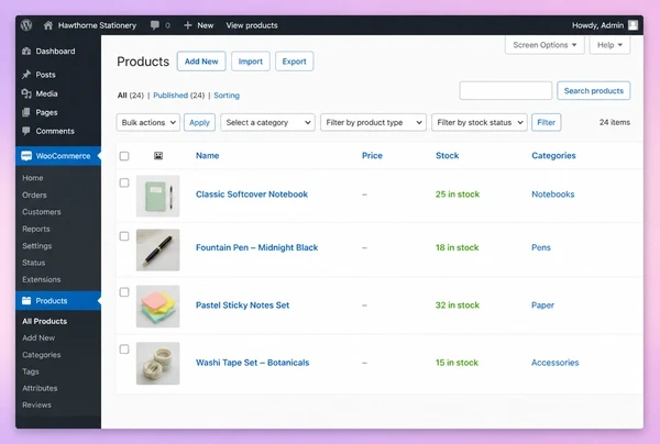 A WooCommerce products list for a stationery brand store showing four products with stock counts