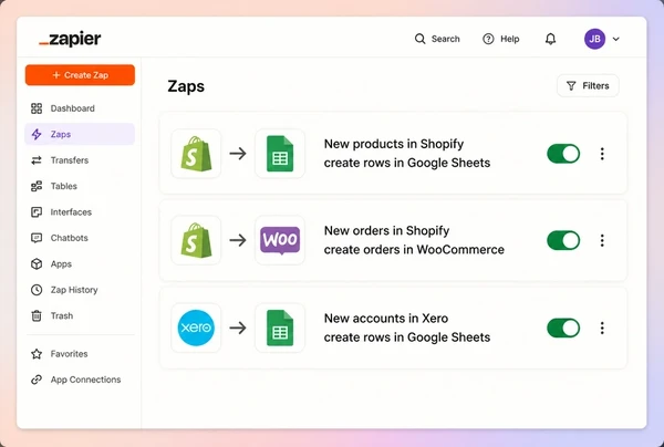 A Zapier screen with three connections moving stock, orders and accounts for a jewellery boutique store