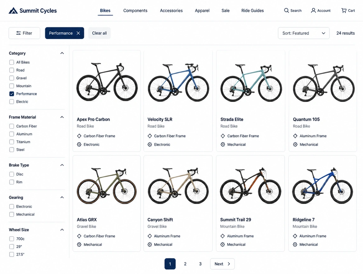 Online store category page for performance bicycles with filters and product cards