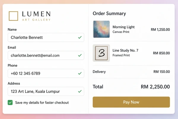 An art gallery store checkout with a four field form and an order summary total