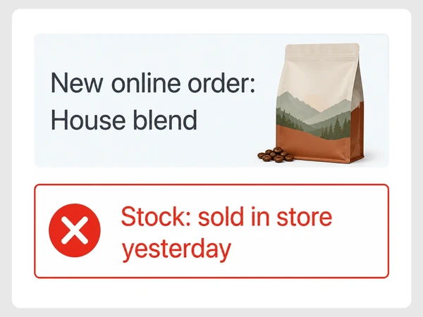 Kopi Ridge Roasters order screen shows New online order: House blend beside red-outlined Stock: sold in store yesterday and an X.