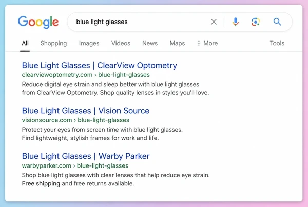 A Google results page where the top result is an optometry practice category page