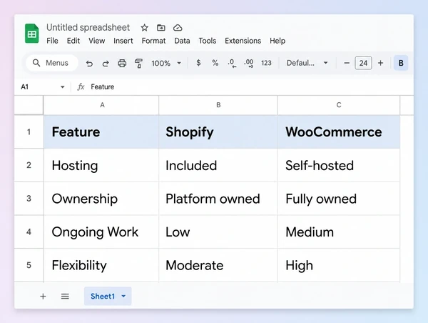 A Google Sheets comparison of Shopify and WooCommerce for a wedding planner store