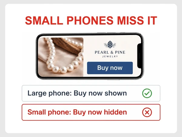 Pearl & Pine Jewelry test shows Buy now on large phones but hidden on small phones.