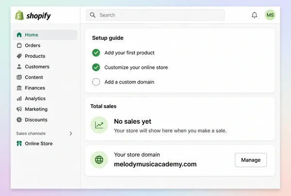 A Shopify admin home screen for a music school store with some of its setup checklist ticked