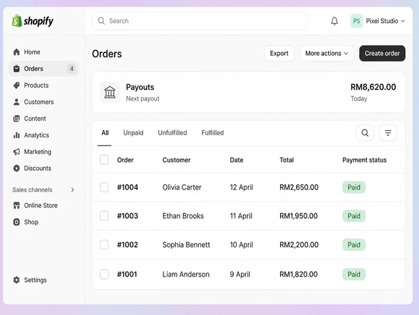 A Shopify orders screen for a photography studio store showing four paid orders and a payout summary