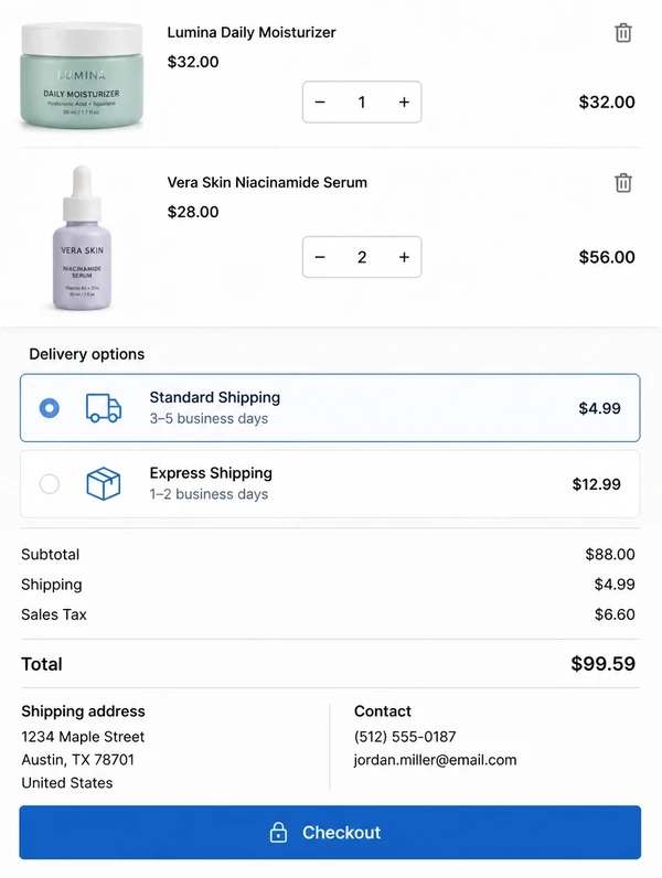 A skincare store basket page with quantity steppers, two delivery options and a checkout button.