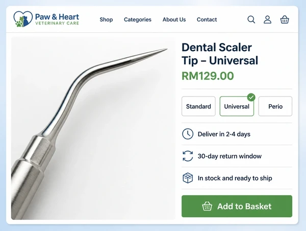 A veterinary practice product page showing price, options and plain delivery and return lines