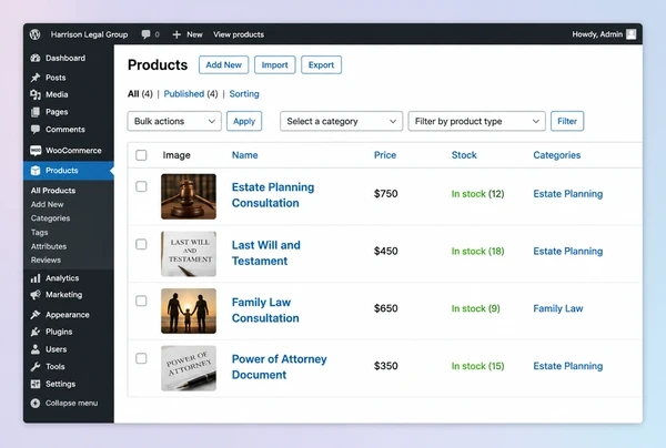 A WooCommerce products list for a law practice store showing four products with stock counts