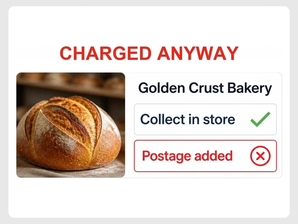 Golden Crust Bakery checkout marks Collect in store with a green tick but adds postage in red.
