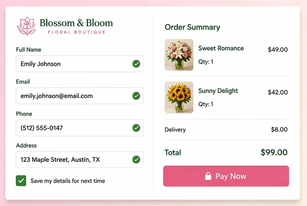 A florist store checkout with a four field form and an order summary total