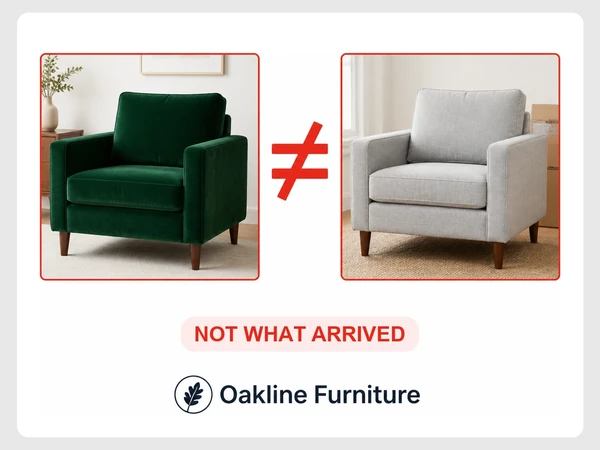 Oakline Furniture compares a green velvet website armchair with a pale gray delivered armchair, marked unequal.