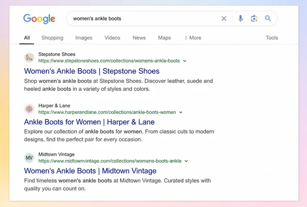 A Google results page where the top result is a shoe boutique category page