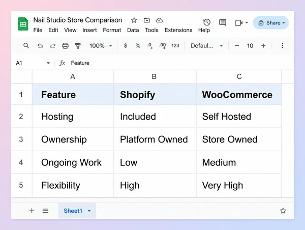 A Google Sheets comparison of Shopify and WooCommerce for a nail studio store