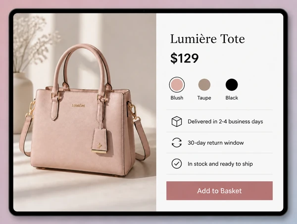 A handbag brand product page showing price, options and plain delivery and return lines