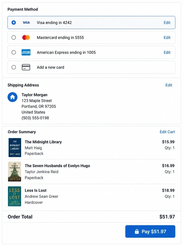 An online bookshop checkout showing card payment options, three books in the order summary and a completed shipping address.