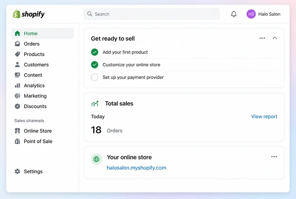 A Shopify admin home screen for a hair salon store with some of its setup checklist ticked