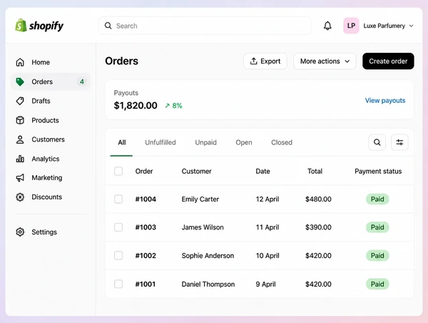 A Shopify orders screen for a perfumery store showing four paid orders and a payout summary