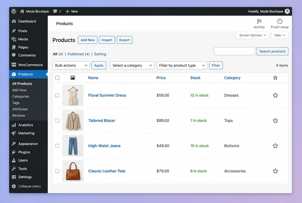 A WooCommerce products list for a fashion boutique store showing four products with stock counts