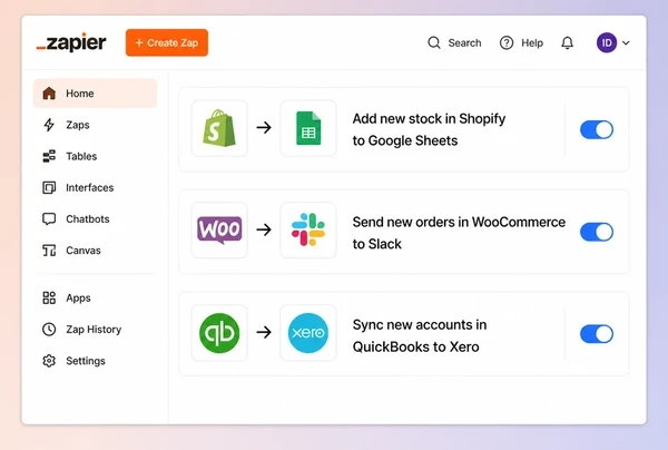 A Zapier screen with three connections moving stock, orders and accounts for an interior design studio store