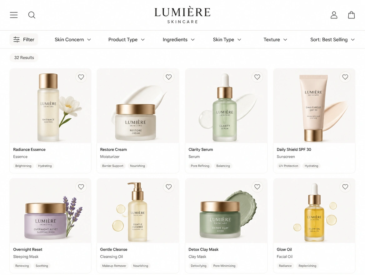 A luxury skincare store collection page with a filter bar and a grid of products