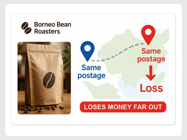 Borneo Bean Roasters delivery map charges the same postage nearby and far away, where the distant order shows Loss.