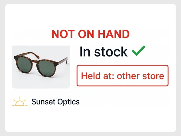 Sunset Optics product page says In stock while a red-outlined row says Held at other store.