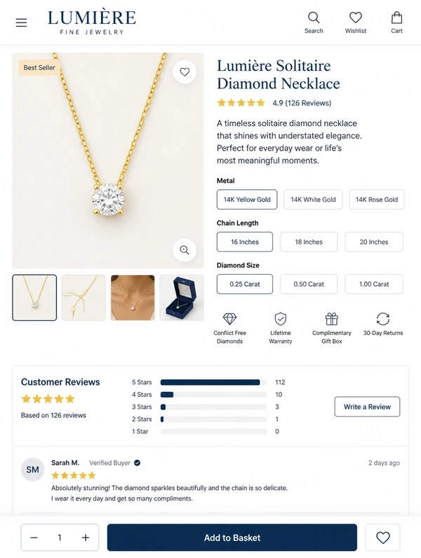 A fine jewellery product page with options, reviews and an add to basket button