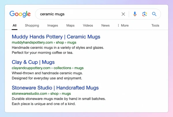 A Google results page where the top result is a ceramics studio category page