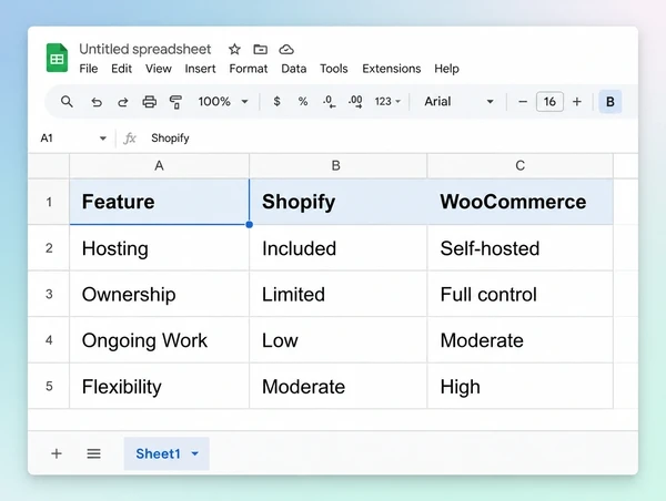 A Google Sheets comparison of Shopify and WooCommerce for a bespoke tailor store