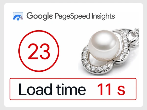 Sea Pearl Jewelry PageSpeed Insights report shows a red mobile score of 23 and load time of 11 seconds.