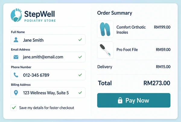 A podiatry practice store checkout with a four field form and an order summary total