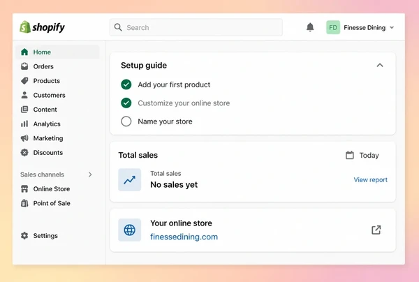 A Shopify admin home screen for a fine dining restaurant store with some of its setup checklist ticked
