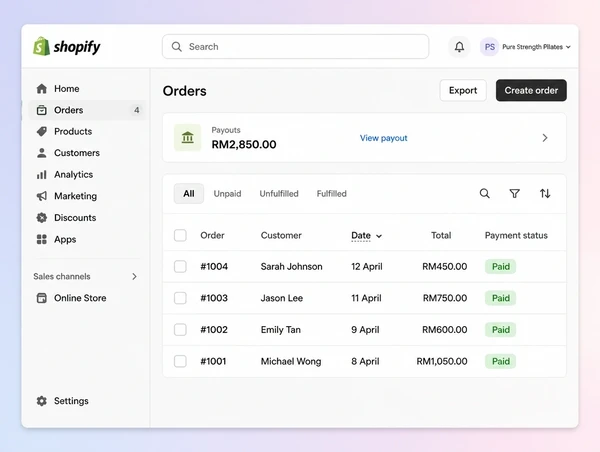 A Shopify orders screen for a pilates studio store showing four paid orders and a payout summary