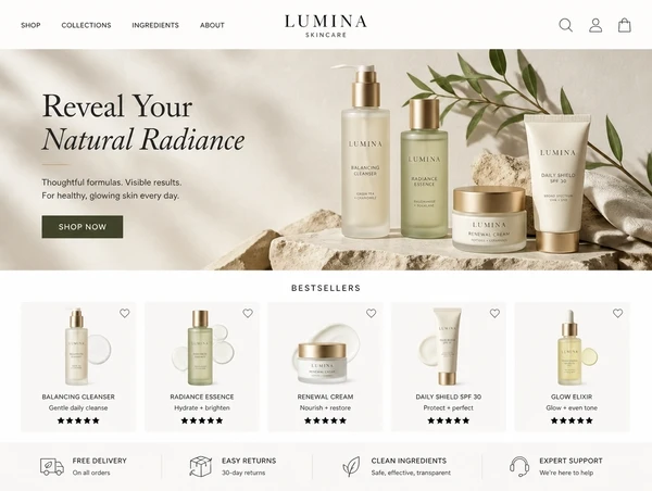 A skincare store home page with a bestsellers row and a delivery information bar