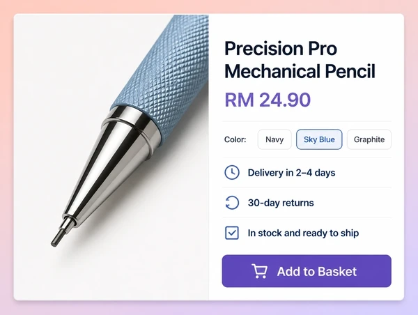 A stationery brand product page showing price, options and plain delivery and return lines