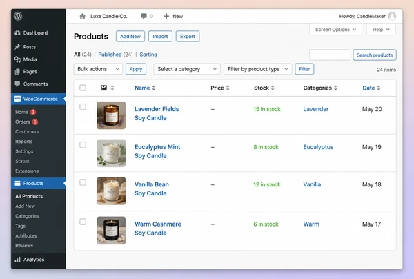 A WooCommerce products list for a candle maker store showing four products with stock counts