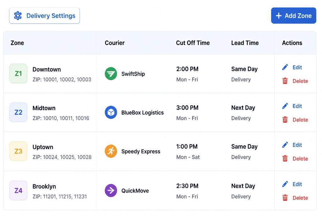 A delivery settings table listing zones, couriers, cut off times and lead time